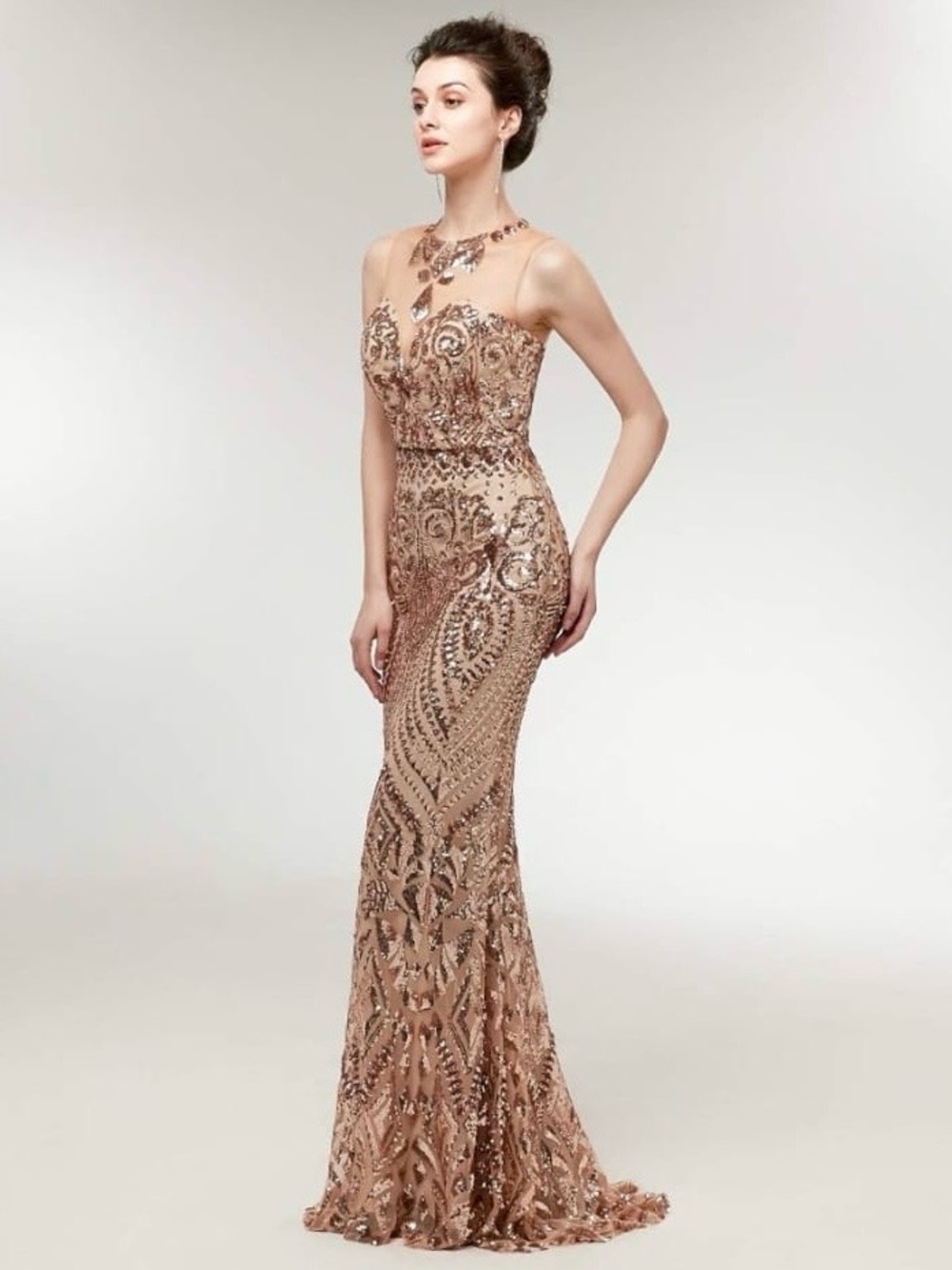 Rose Gold Sequin Illusion Neck Prom Gown